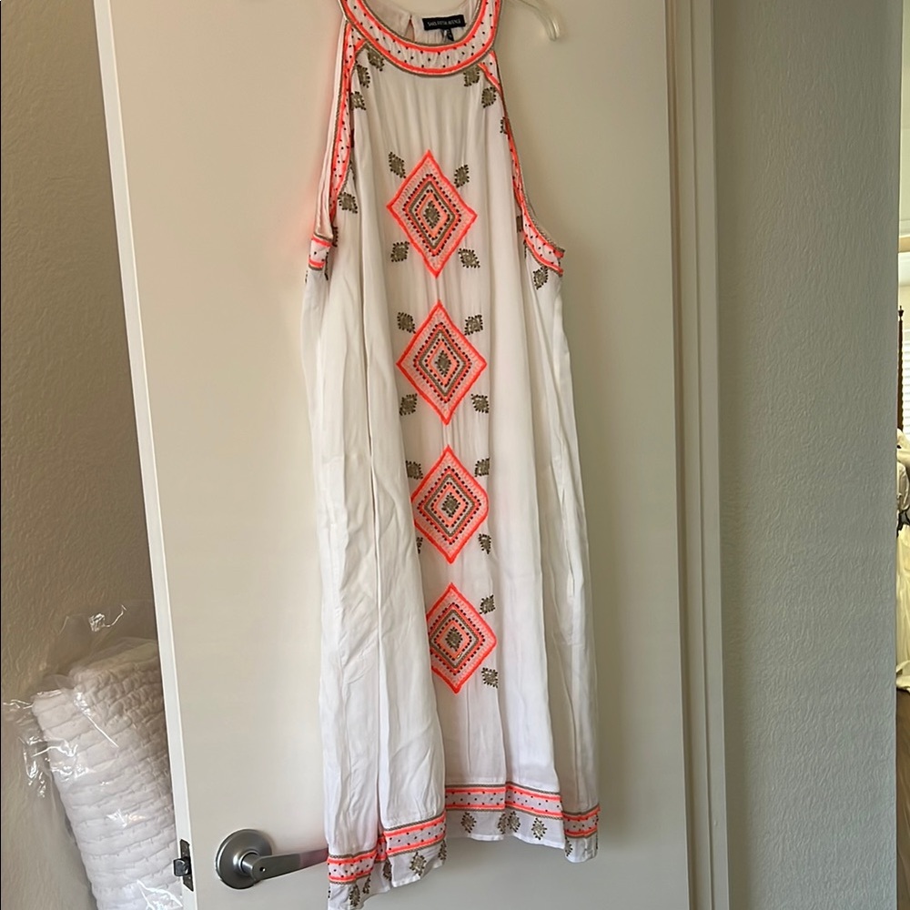 Saks Fifth Avenue White and Neon orange Embellished Dress